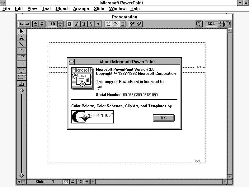 Microsoft PowerPoint, version 3.0, 1992